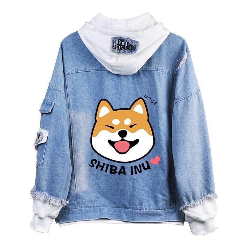Shiba Inu Coin Hooded Doge Meme Style Denim Jacket - SuperShop.Rocks