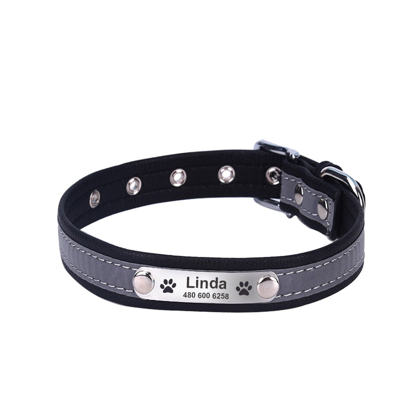 Reflective Leather ID Custom Tag Personalized Dog Collars